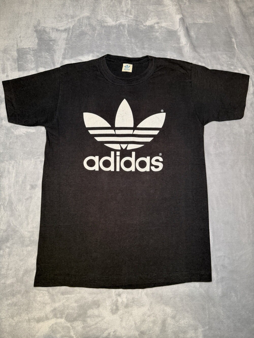 Vintage 80s Black Adidas T-shirt Trefoil Logo Double Sided Graphic Sportswear Ex